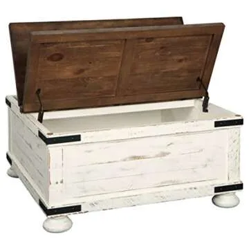 Signature Design by Ashley Wystfield Farmhouse Square Storage Coffee Table with Hinged Lift Top, Distressed White