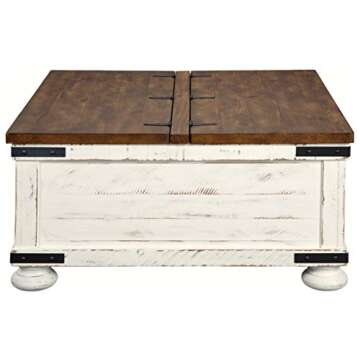Signature Design by Ashley Wystfield Farmhouse Square Storage Coffee Table with Hinged Lift Top, Distressed White