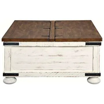 Signature Design by Ashley Wystfield Farmhouse Square Storage Coffee Table with Hinged Lift Top, Distressed White
