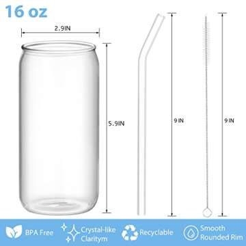 Fishinsea 12 Pcs Drinking Glasses, 18 oz Beer Can Glasses, High borosilicate Glass Cups, Iced Tea Glasses, Cola Cocktail Whiskey Wine Coffee Glasses ＋ 12 Pcs Glass Straws + 4 Cleaning Brushes