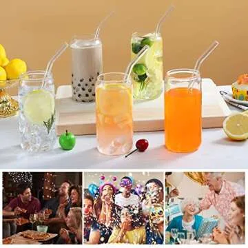 Fishinsea 12 Pcs Drinking Glasses, 18 oz Beer Can Glasses, High borosilicate Glass Cups, Iced Tea Glasses, Cola Cocktail Whiskey Wine Coffee Glasses ＋ 12 Pcs Glass Straws + 4 Cleaning Brushes
