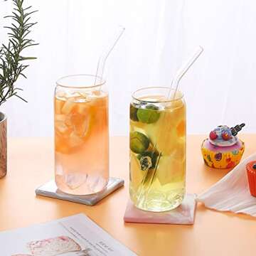 Fishinsea 12 Pcs Drinking Glasses, 18 oz Beer Can Glasses, High borosilicate Glass Cups, Iced Tea Glasses, Cola Cocktail Whiskey Wine Coffee Glasses ＋ 12 Pcs Glass Straws + 4 Cleaning Brushes
