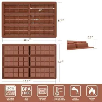 Chocolate Bar Molds Deep Silicone Break-Apart Chocolate Nonstick Protein and Energy Thick Candy Bar Mold Wax Melt Mold 2 Pack (10 Snap)