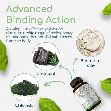 Binder Blend - Toxin Binder Supplement, Detox Capsules for a Healthy Gut - 180 Capsules - 90 Servings - 960mg Activated Charcoal & 480mg Organic Chlorella - Bloating Relief - Bentonite Clay
