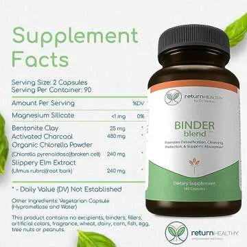 Binder Blend - Toxin Binder Supplement, Detox Capsules for a Healthy Gut - 180 Capsules - 90 Servings - 960mg Activated Charcoal & 480mg Organic Chlorella - Bloating Relief - Bentonite Clay