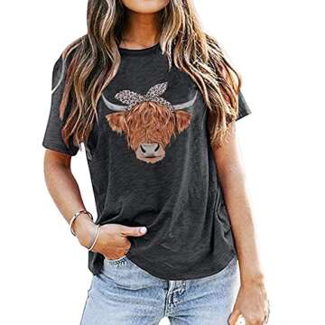 Cow Shirts for Women Funny Animal Graphic Farm Life Tee Cute Cattle Cowgirl Short Sleeve Tops(Dark G...