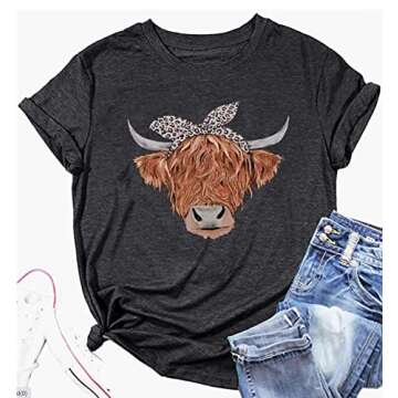 Cow Shirts for Women Funny Animal Graphic Farm Life Tee Cute Cattle Cowgirl Short Sleeve Tops(Dark Grey,Small)