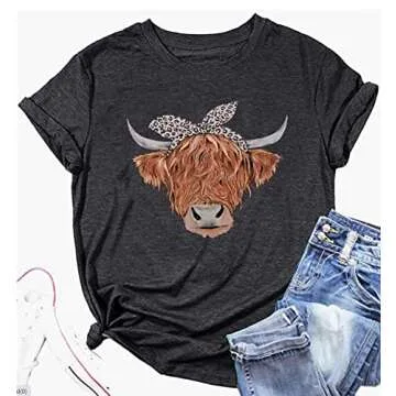Cow Shirts for Women Funny Animal Graphic Farm Life Tee Cute Cattle Cowgirl Short Sleeve Tops(Dark Grey,Small)