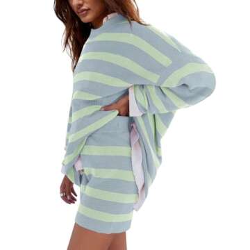 LAMISSCHE Womens Oversized Lounge Sets 2 Piece Outfits Striped Matching Pajama Set Long Sleeve Sweater Set(G Blue&Lt Green,L)