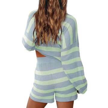 LAMISSCHE Womens Oversized Lounge Sets 2 Piece Outfits Striped Matching Pajama Set Long Sleeve Sweater Set(G Blue&Lt Green,L)