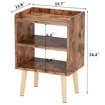 LUCKNOCK Night Stand, Modern Bedside Tables, Mid Century Nightstands with Open Storage Shelf, Wood Bedside Table, Small Night Stands for Bedroom, 3-Tier Night Table, Rustic Brown.