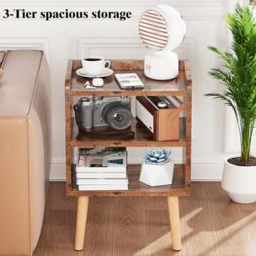 LUCKNOCK Night Stand, Modern Bedside Tables, Mid Century Nightstands with Open Storage Shelf, Wood Bedside Table, Small Night Stands for Bedroom, 3-Tier Night Table, Rustic Brown.