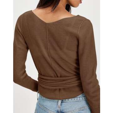 PRETTODAY Women's Wrap Knit Sweater V Neck Tie Front Long Sleeve Casual Pullover Tops Coffee