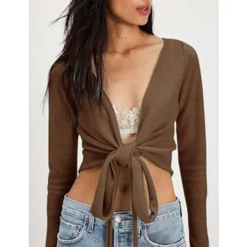 PRETTODAY Women's Wrap Knit Sweater V Neck Tie Front Long Sleeve Casual Pullover Tops Coffee