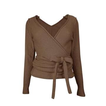PRETTODAY Women's Wrap Knit Sweater V Neck Tie Front Long Sleeve Casual Pullover Tops Coffee