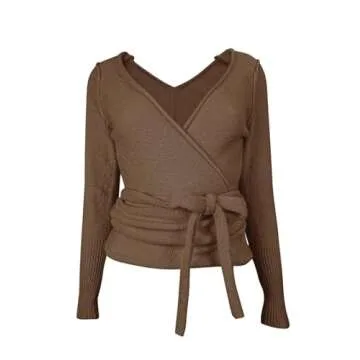 PRETTODAY Women's Wrap Knit Sweater V Neck Tie Front Long Sleeve Casual Pullover Tops Coffee