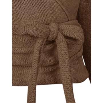 PRETTODAY Women's Wrap Knit Sweater V Neck Tie Front Long Sleeve Casual Pullover Tops Coffee