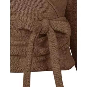 PRETTODAY Women's Wrap Knit Sweater V Neck Tie Front Long Sleeve Casual Pullover Tops Coffee