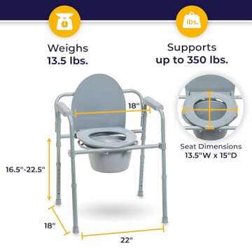 Drive Medical 11148-1 Folding Steel Bedside Commode Chair, Portable Toilet, Supports Individuals Weighing Up To 350 Lbs, with 7.5 Qt. Bucket and 13.5 Inch Seat, Grey