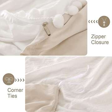 Bedbay Boho Duvet Cover Twin Farmhouse Bedding Set Cute Pom Pom Comforter Cover Aesthetic Room Decor for Girls Boys Kids Ultra Soft Lightweight Quilt Cover Preppy Bedding 2 Pcs(White&Beige,Twin)