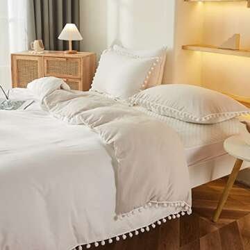 Bedbay Boho Duvet Cover Twin Farmhouse Bedding Set Cute Pom Pom Comforter Cover Aesthetic Room Decor for Girls Boys Kids Ultra Soft Lightweight Quilt Cover Preppy Bedding 2 Pcs(White&Beige,Twin)