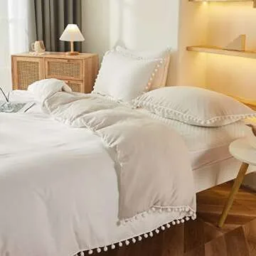 Bedbay Boho Duvet Cover Twin Farmhouse Bedding Set Cute Pom Pom Comforter Cover Aesthetic Room Decor for Girls Boys Kids Ultra Soft Lightweight Quilt Cover Preppy Bedding 2 Pcs(White&Beige,Twin)
