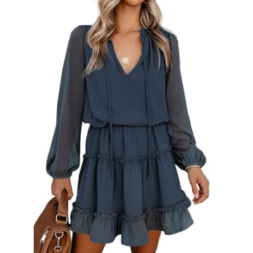 Dokotoo Womens Elegant Cute Spring Short Summer Casual Sexy Deep V Neck Ruffle Chiffon Long Sleeve E...