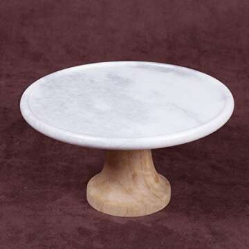 Creative Home Natural Marble and Mango Wood 12" Diam. Round Cake Stand Dessert Stand on Pedestal Foo...
