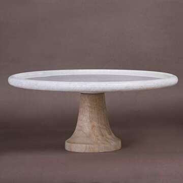 Creative Home Natural Marble and Mango Wood 12" Diam. Round Cake Stand Dessert Stand on Pedestal Footed Cake Plate, Off-White (Patterns May Vary)