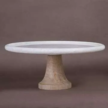 Creative Home Natural Marble and Mango Wood 12" Diam. Round Cake Stand Dessert Stand on Pedestal Footed Cake Plate, Off-White (Patterns May Vary)