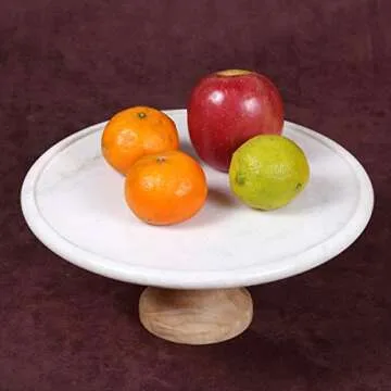 Creative Home Natural Marble and Mango Wood 12" Diam. Round Cake Stand Dessert Stand on Pedestal Footed Cake Plate, Off-White (Patterns May Vary)