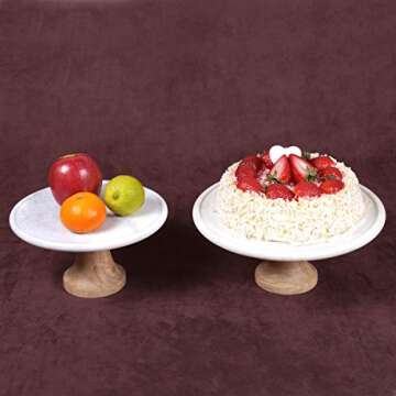 Creative Home Natural Marble and Mango Wood 12" Diam. Round Cake Stand Dessert Stand on Pedestal Footed Cake Plate, Off-White (Patterns May Vary)