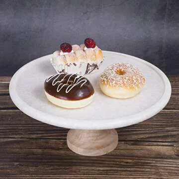 Creative Home Natural Marble and Mango Wood 12" Diam. Round Cake Stand Dessert Stand on Pedestal Footed Cake Plate, Off-White (Patterns May Vary)