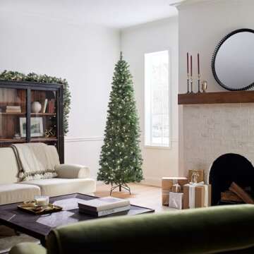 National Tree Company Pre-Lit Artificial Slim Christmas Tree, Green, North Valley Spruce, White Lights, Includes Stand, 7.5 Feet