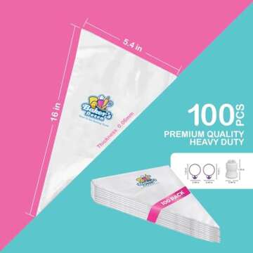 100 Pastry Bags 16 IN | Heavy Duty Piping Bags with Extra Thickness | Disposable Icing Bags with 1 Coupler and 2 Ties | Cake Decoration Piping Bags | Anti-Burst and Non-slip Piping Bag