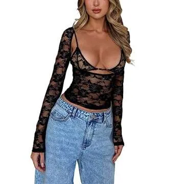 Women Lace Long Sleeve Shirt Top Y2K Slim Fit Crop Top Sexy Lace Low Cut Top Tee Club Streetwear
