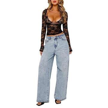 Women Lace Long Sleeve Shirt Top Y2K Slim Fit Crop Top Sexy Lace Low Cut Top Tee Club Streetwear