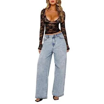 Women Lace Long Sleeve Shirt Top Y2K Slim Fit Crop Top Sexy Lace Low Cut Top Tee Club Streetwear