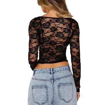 Women Lace Long Sleeve Shirt Top Y2K Slim Fit Crop Top Sexy Lace Low Cut Top Tee Club Streetwear