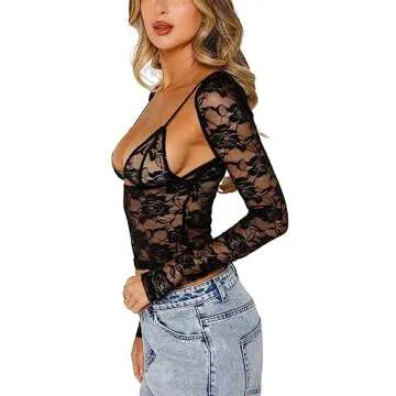 Women Lace Long Sleeve Shirt Top Y2K Slim Fit Crop Top Sexy Lace Low Cut Top Tee Club Streetwear