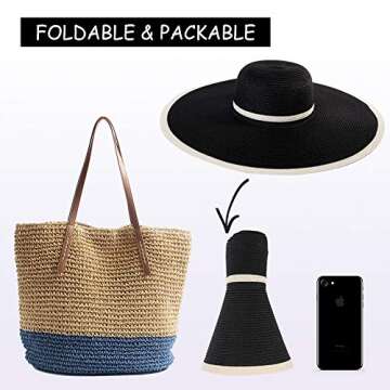 Jeff & Aimy Womens Packable Floppy Straw Beach Sun Hat Floppy with UV Protection Wide Brim Neck Cord Foldable Panama Fedora Travel Sunhat UPF 50 Large 57.5-59CM