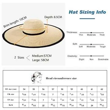 Jeff & Aimy Womens Packable Floppy Straw Beach Sun Hat Floppy with UV Protection Wide Brim Neck Cord Foldable Panama Fedora Travel Sunhat UPF 50 Large 57.5-59CM