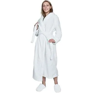 Hellomamma Womens Long Robe Soft Warm Fleece Plush Bathrobe Ladies Sleepwear Pajamas Housecoat Nightgown White Large-X-Large