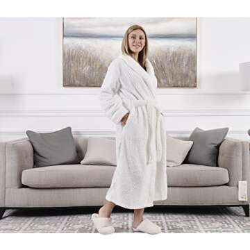 Hellomamma Womens Long Robe Soft Warm Fleece Plush Bathrobe Ladies Sleepwear Pajamas Housecoat Nightgown White Large-X-Large