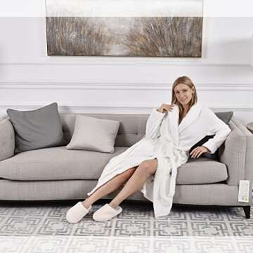 Hellomamma Womens Long Robe Soft Warm Fleece Plush Bathrobe Ladies Sleepwear Pajamas Housecoat Nightgown White Large-X-Large