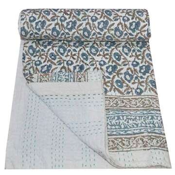 V Vedant Designs Indian Hand Block Floral Print Kantha Quilt Cotton Kantha Throw, Kantha Blanket Bed...