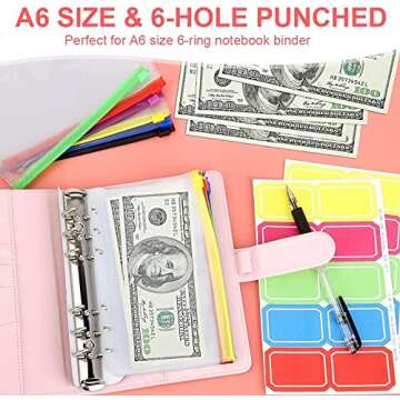 Binder Pockets, FOME 15pcs A6 6-Hole Zipper Binder Pockets Waterproof PVC Cash Budget Envelopes Loose Leaf Bag for 6 Ring Refillable Binder Notebook Planner