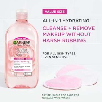 Garnier Micellar Water with Rose Water and Glycerin, Hydrating Facial Cleanser & Makeup Remover, For...