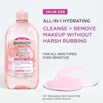 Garnier Micellar Water with Rose Water and Glycerin, Hydrating Facial Cleanser & Makeup Remover, For...