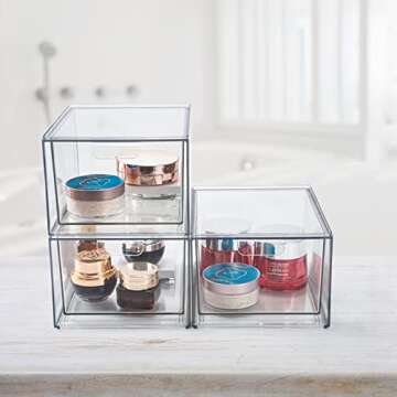 3 Pack Makeup Organizer Stackable Storage Drawers Acrylic Makeup Organizer Clear Makeup and Skincare Organizer Acrylic Storage Drawers Organizer for Vanity Bathroom Counter Undersink (Clear)